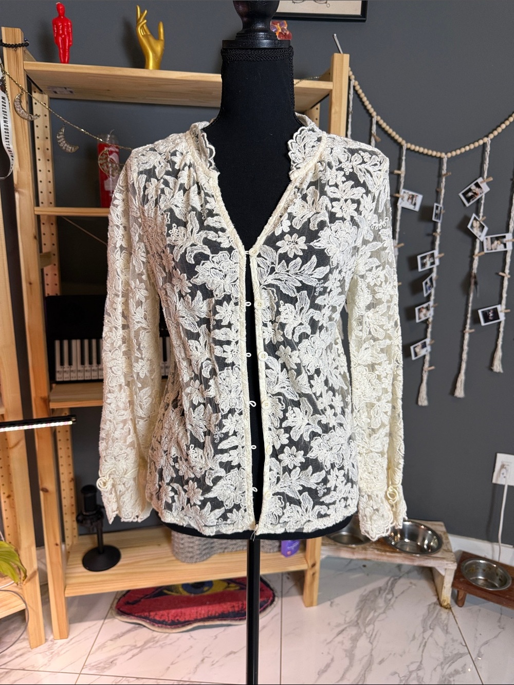 Women's Cream Lace Button-Front Top